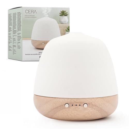 Diffuseur ultrasonique Pranarôm Cera, base en bois d'hévéa blanchi et coupole en céramique poudrée