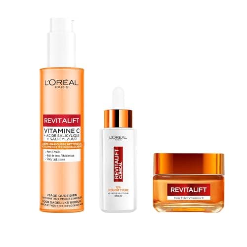 Coffret L'Oréal Paris Revitalift Clinical : nettoyant, flacon de sérum à la vitamine C et pot de crème