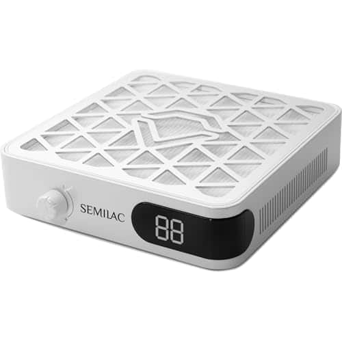 Aspirateur à ongles Semilac Diamond Collection carré et plat, grille blanche à motif triangulaire, molette et écran numérique en façade