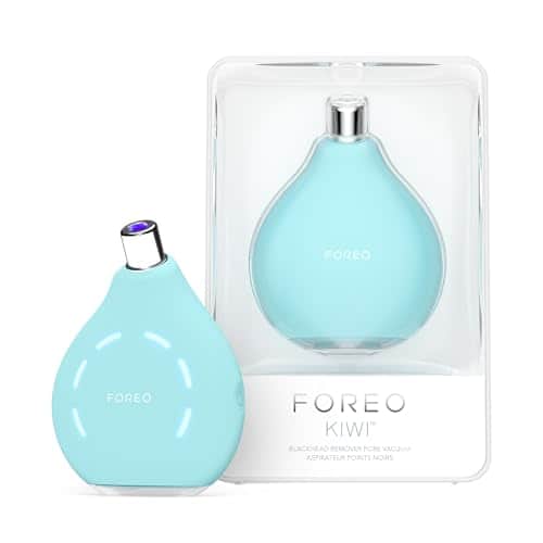 Aspirateur de pores FOREO KIWI turquoise en forme de goutte, pointe métallique, à côté de sa boîte transparente