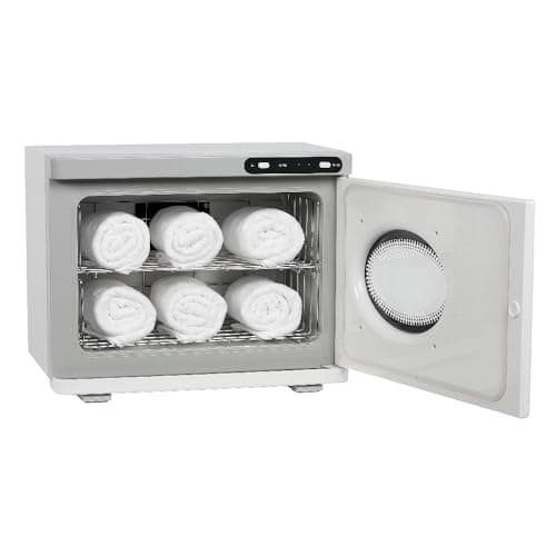 Armoire chauffe-serviettes Sibel blanche porte ouverte, deux étages de grilles chargés de serviettes roulées
