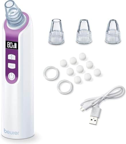 Aspirateur de points noirs Beurer FC 41 blanc et violet à écran LCD, avec ses trois embouts transparents, ses filtres ronds et son câble USB
