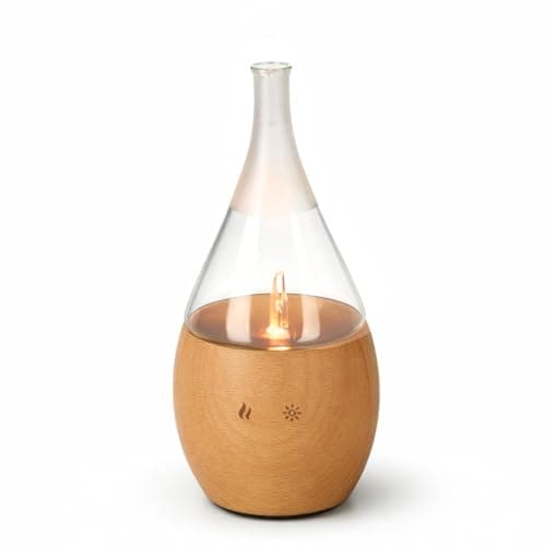 Diffuseur par nébulisation Zen'Arôme Bolea, verrerie soufflée transparente sur base en bois clair éclairée