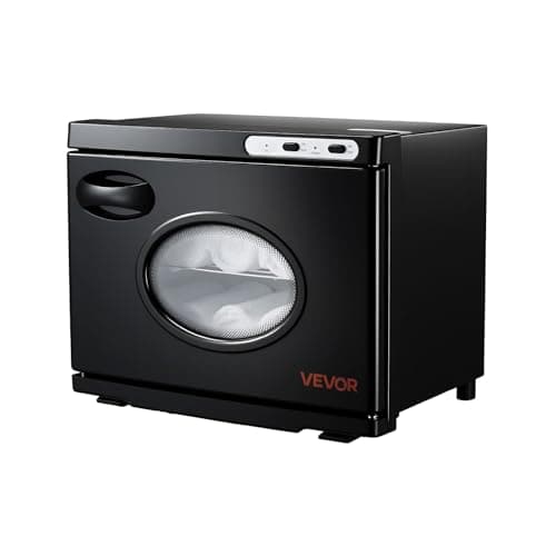 Armoire chauffe-serviettes VEVOR noire avec hublot transparent sur la porte, serviettes blanches visibles à l'intérieur