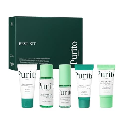 Kit Purito Seoul : cinq petits tubes et flacons verts et blancs, nettoyant, tonique, sérum, crème et lotion solaire