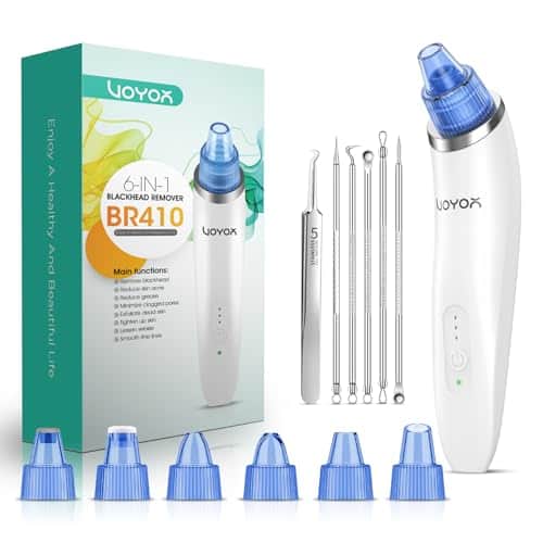 Aspirateur de points noirs VOYOR BR410 blanc à embout bleu, devant sa boîte, avec six têtes bleues et un jeu de tire-comédons en acier