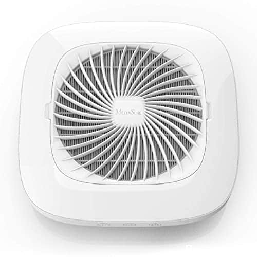 Aspirateur à ongles MelodySusie SPro carré blanc vu de dessus, grille ronde à ailettes et boutons tactiles