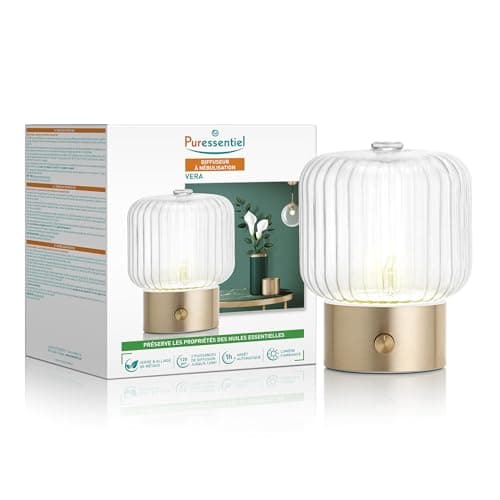 Diffuseur d'huiles essentielles par nébulisation Puressentiel VERA, verrine en verre de style Art déco sur socle métallique