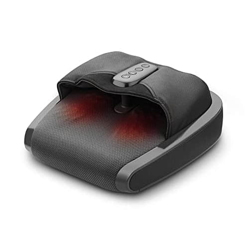 Masseur de pieds medisana FM 900 gris anthracite, boîte qui recouvre le dessus du pied, lueur rouge à l'intérieur et touches sur le dessus
