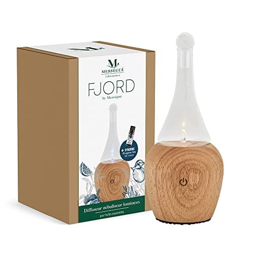 Diffuseur à nébulisation Mességué Fjord, verrerie soufflée sur base en bois naturel